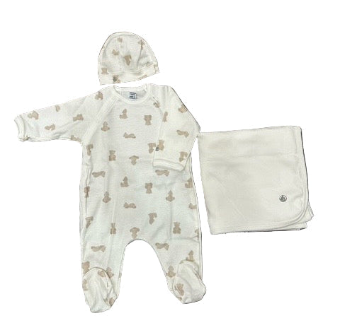 Petit Bateau Teddy Print Footie Hat & Blanket 3 Pc Set