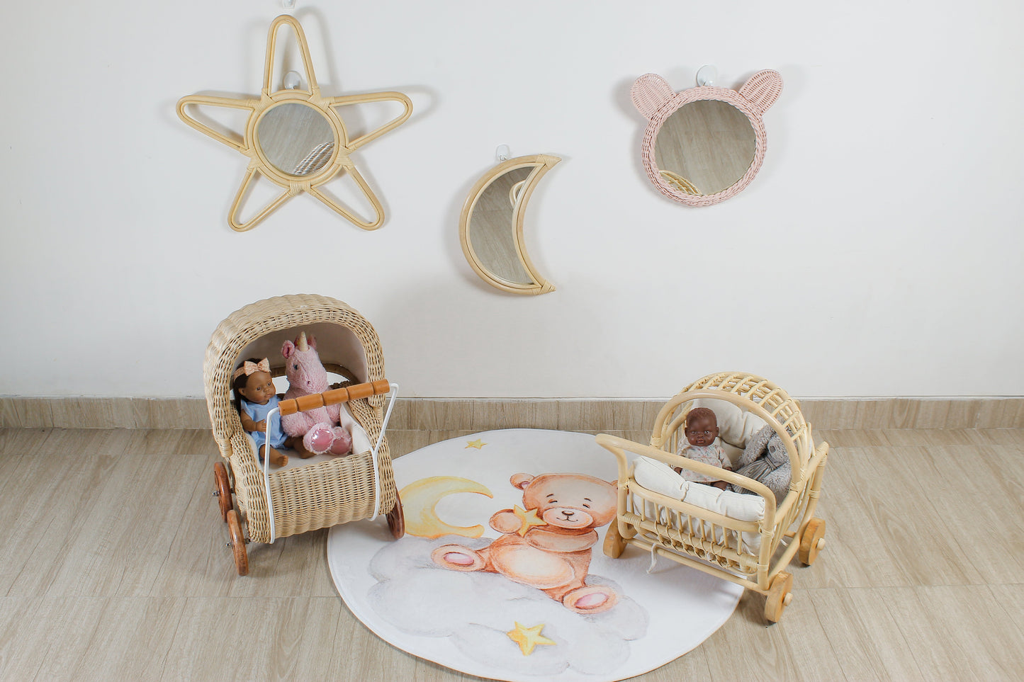 Rattan Doll Stroller – Handmade Boho Doll Pram for Imaginative Play