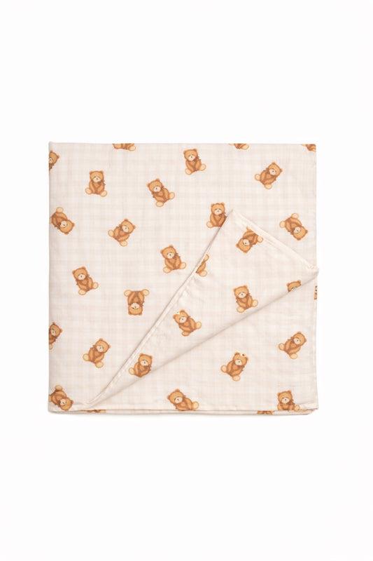 Beige Teddy Bear Gingham Crib Quilted Blanket