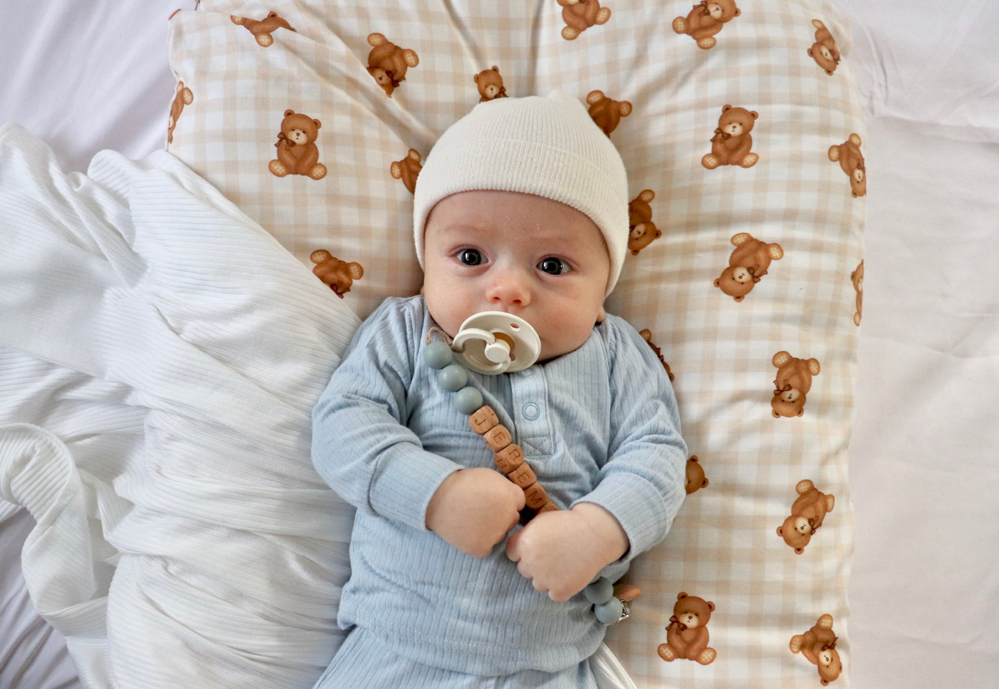 Beige Teddy Bear Gingham Ruffle Baby Lounger Cover