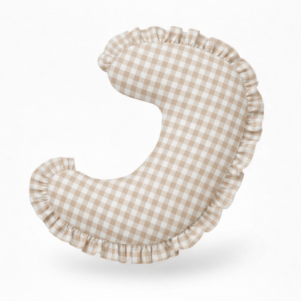 Checkered neck pillow with ruffled edges on a white background