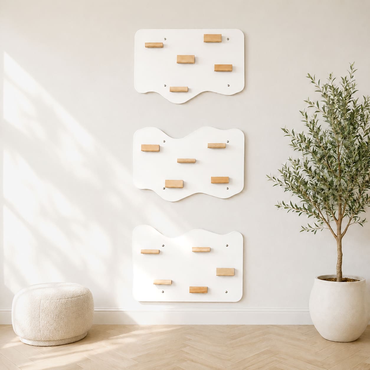 Indoor Rock Wall with Cloud-Shaped Panels & Wooden Climbing Holds for Kids 3-10