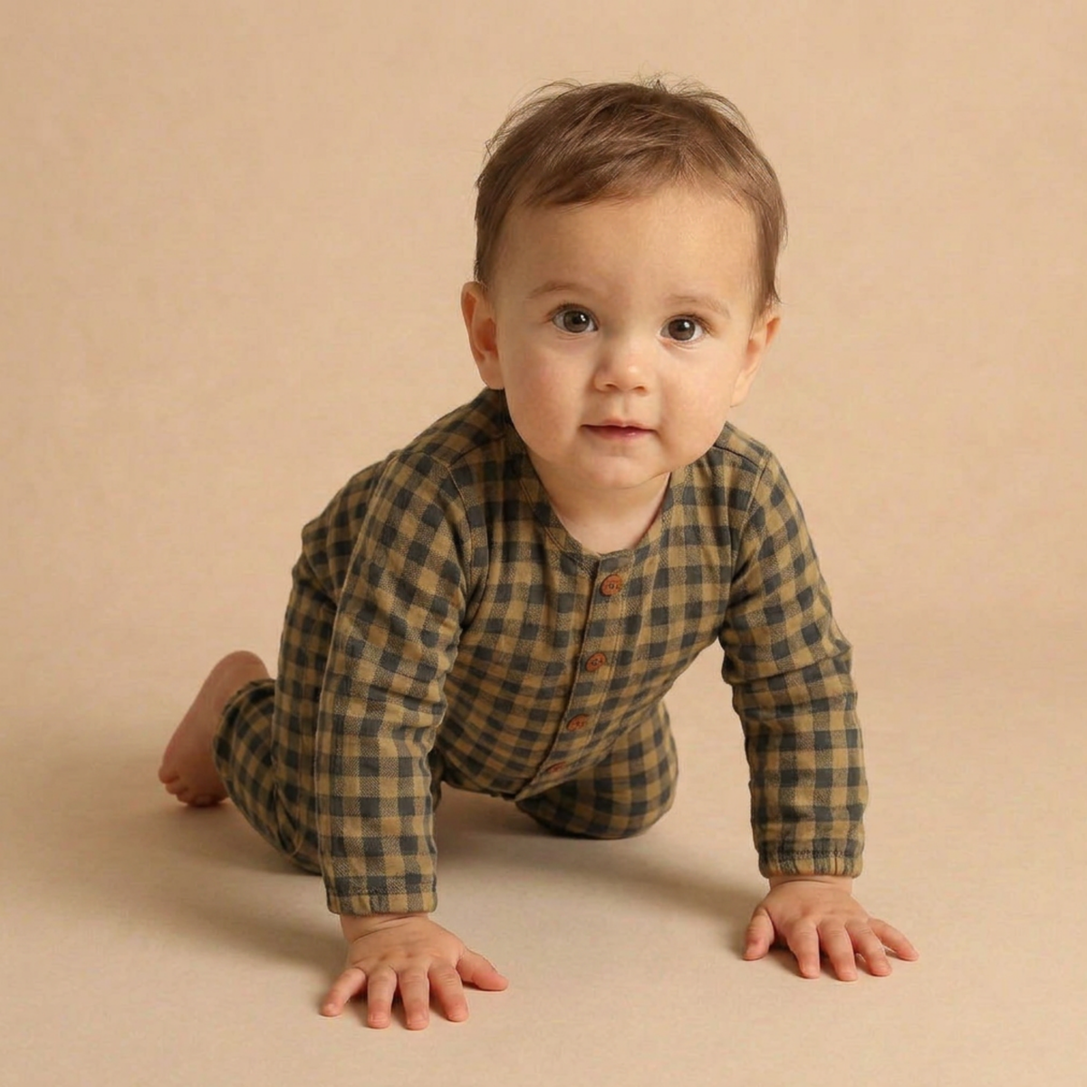 Organic Long Sleeve Button Romper - Olive Gingham
