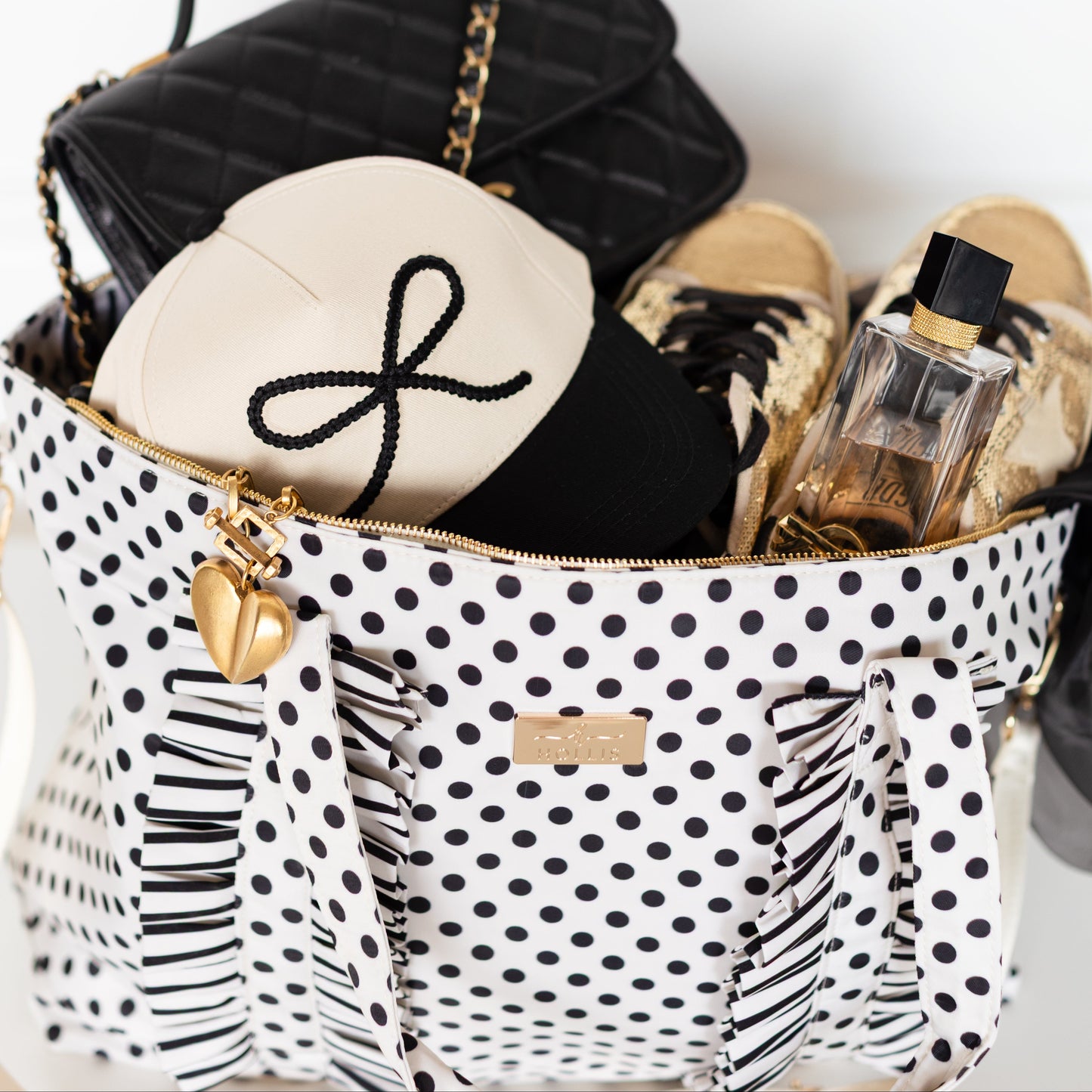 PRE-ORDER Black Polka Stripe Ruffled Nylon Tote Bag