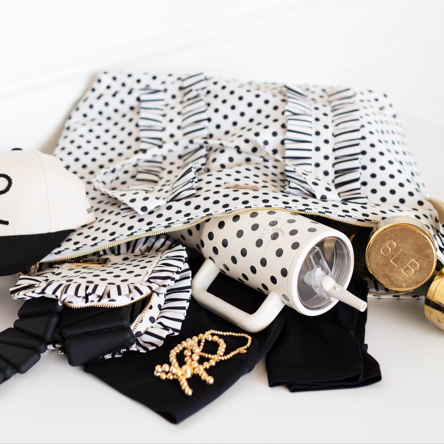 PRE-ORDER Black Polka Stripe Ruffled Nylon Tote Bag