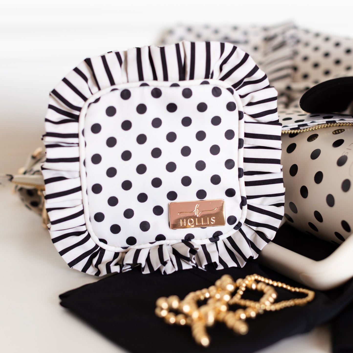 Black Polka Stripe Ruffled Nylon Tech Organizer
