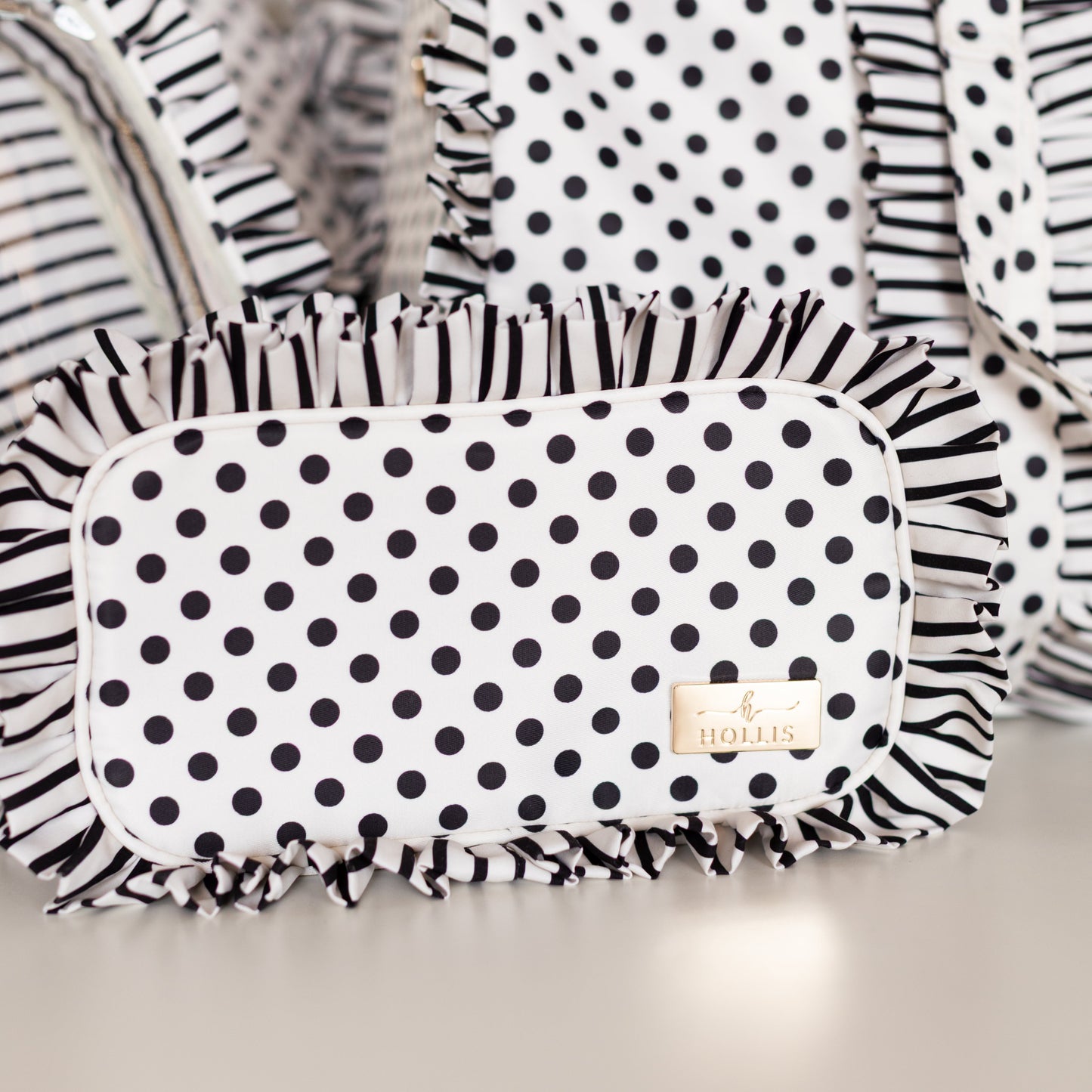 Black Polka Stripe Ruffled Nylon Medium Pouch