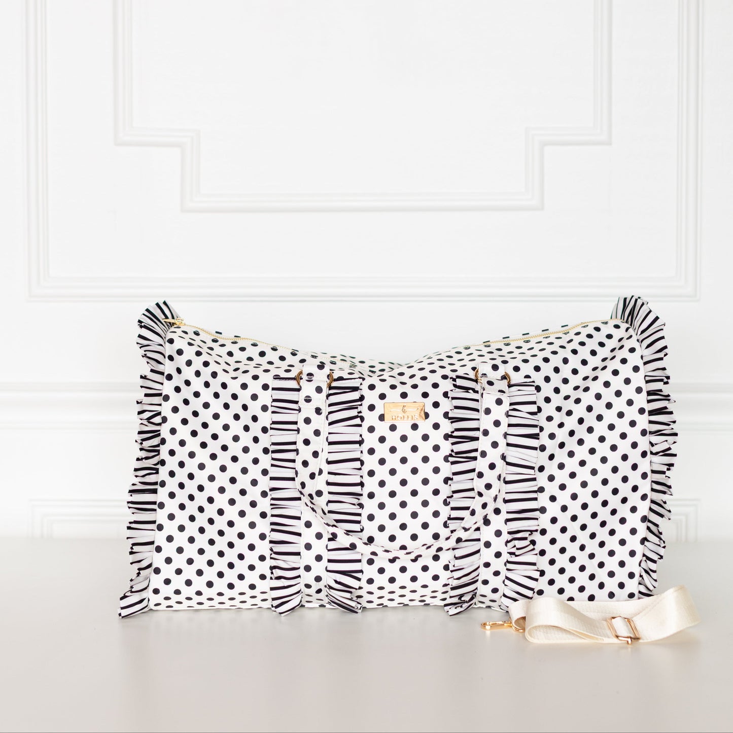 PRE-ORDER Black Polka Stripe Ruffled Nylon Weekender