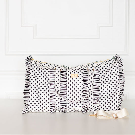 PRE-ORDER Black Polka Stripe Ruffled Nylon Weekender