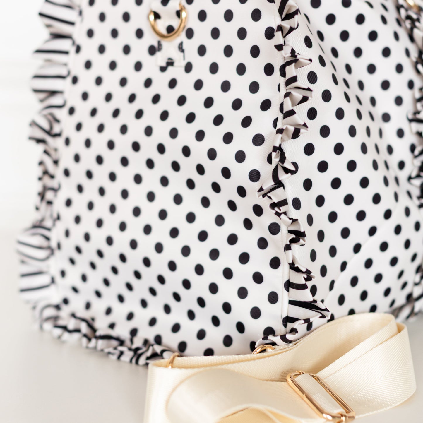 PRE-ORDER Black Polka Stripe Ruffled Nylon Weekender