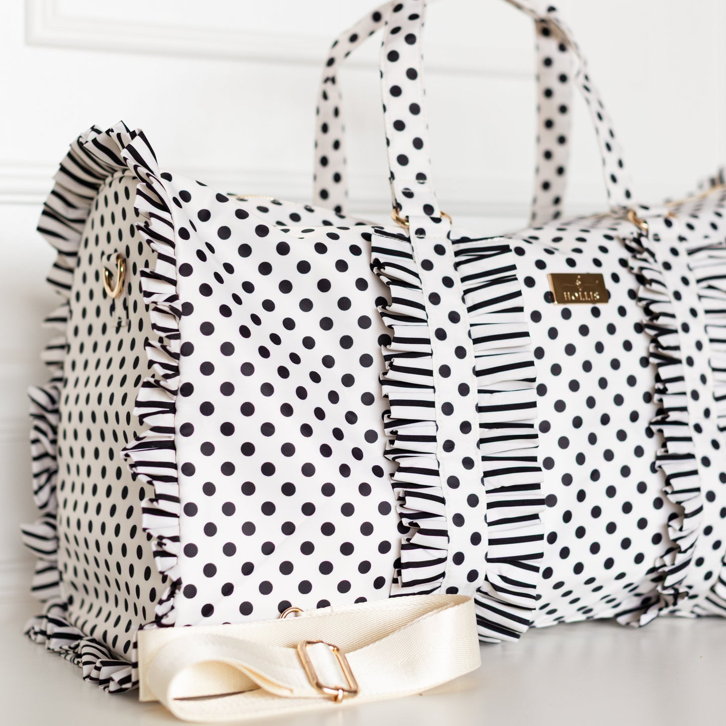 PRE-ORDER Black Polka Stripe Ruffled Nylon Weekender