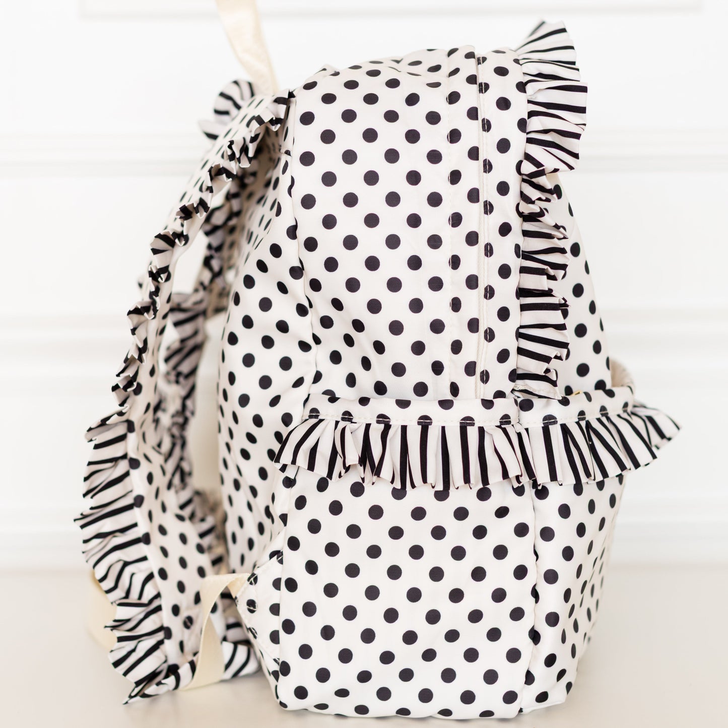 Black Polka Stripe Ruffled Nylon Backpack