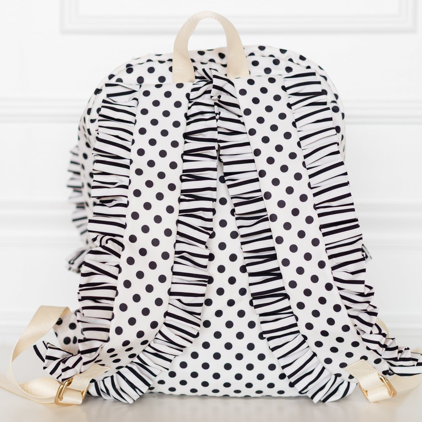 Black Polka Stripe Ruffled Nylon Backpack