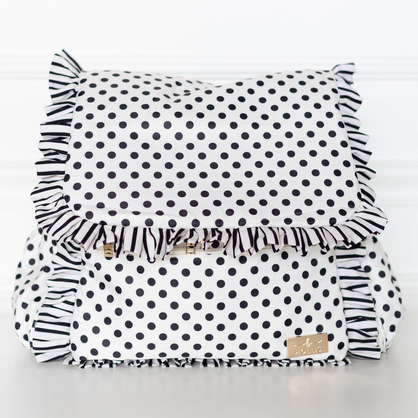 Black Polka Stripe Ruffled Nylon Diaper Bag