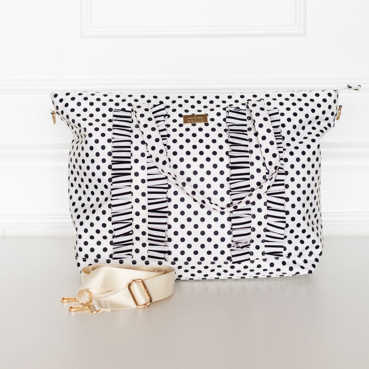 PRE-ORDER Black Polka Stripe Ruffled Nylon Tote Bag