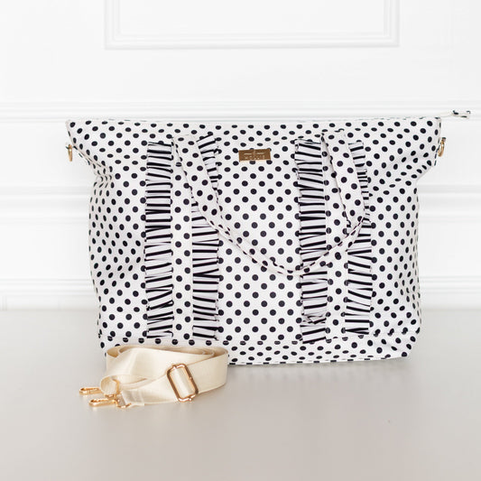 PRE-ORDER Black Polka Stripe Ruffled Nylon Tote Bag