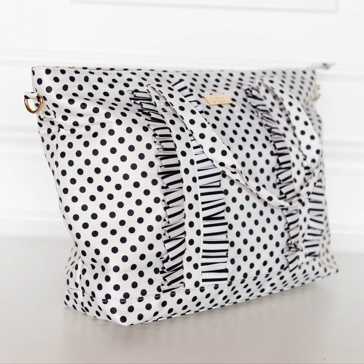 PRE-ORDER Black Polka Stripe Ruffled Nylon Tote Bag