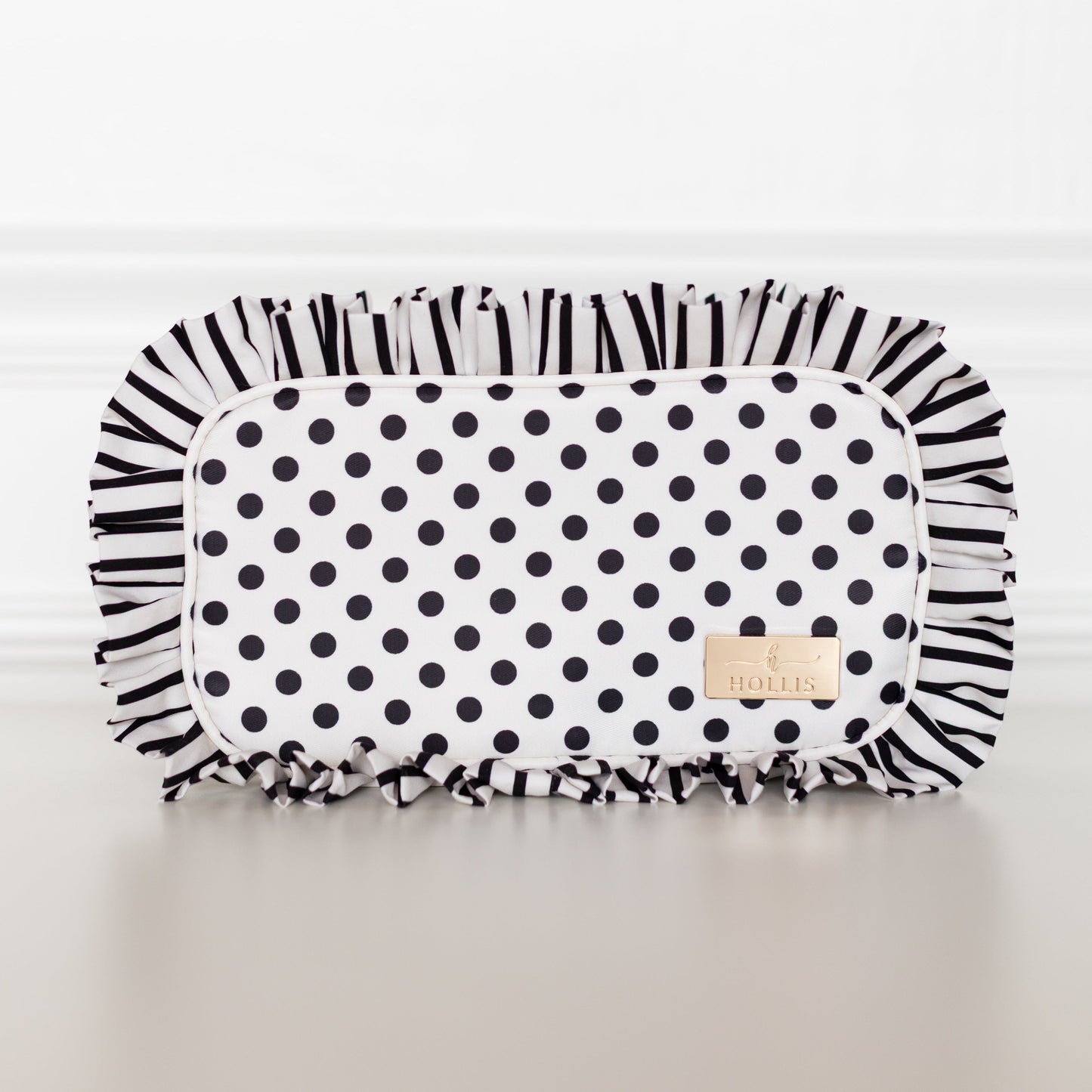 Black Polka Stripe Ruffled Nylon Medium Pouch