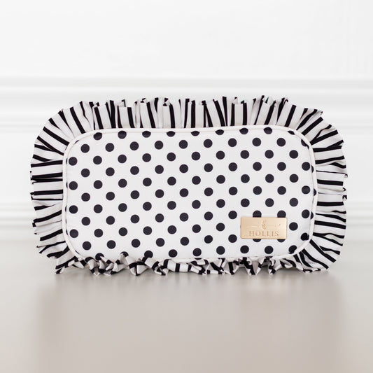 Black Polka Stripe Ruffled Nylon Medium Pouch