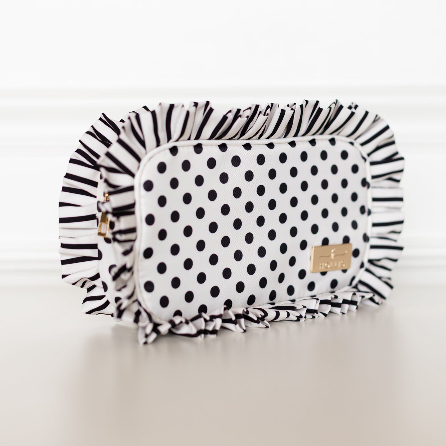 Black Polka Stripe Ruffled Nylon Medium Pouch