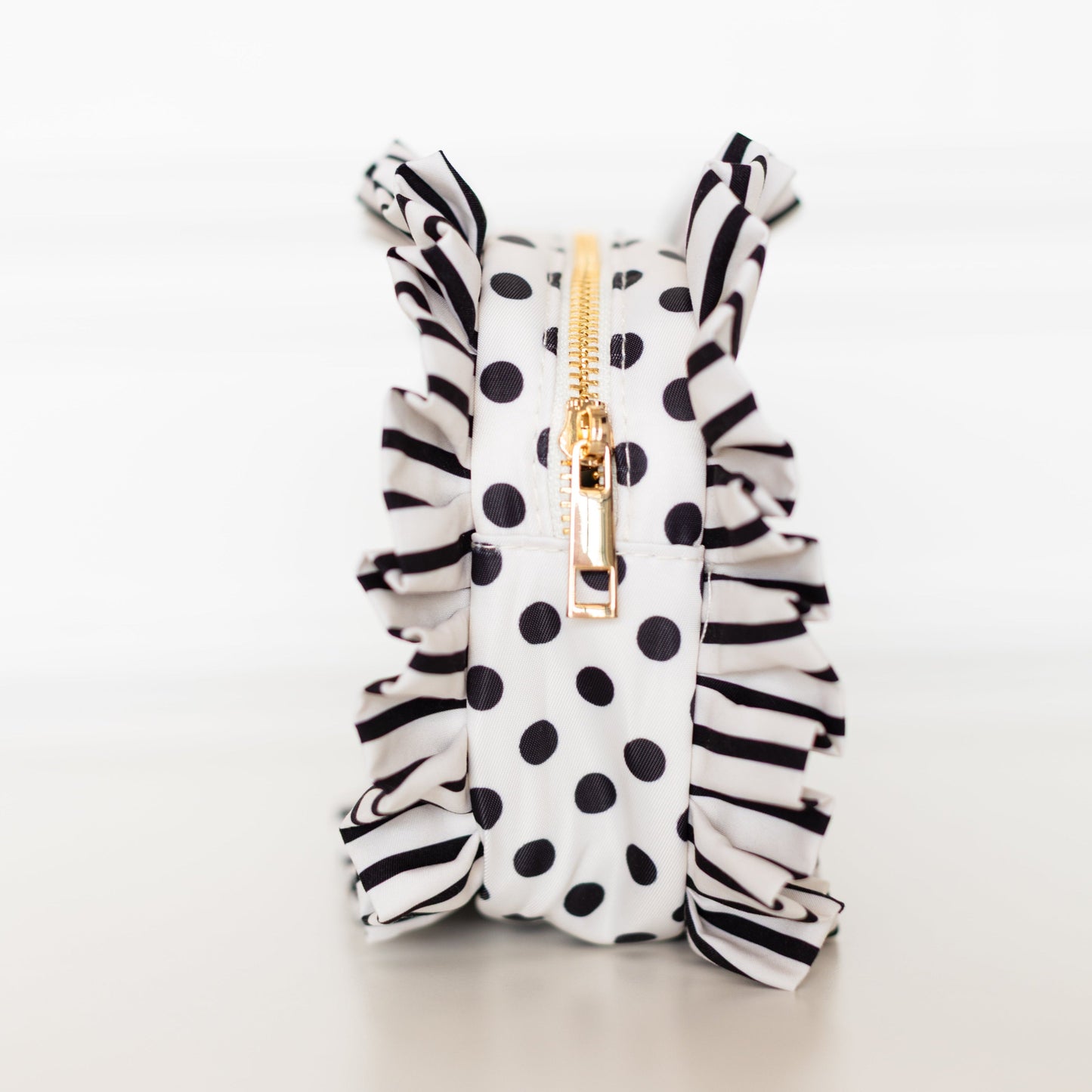 Black Polka Stripe Ruffled Nylon Medium Pouch