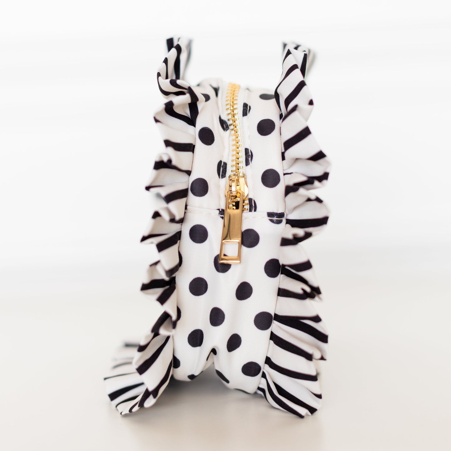 Black Polka Stripe Ruffled Nylon Tech Organizer