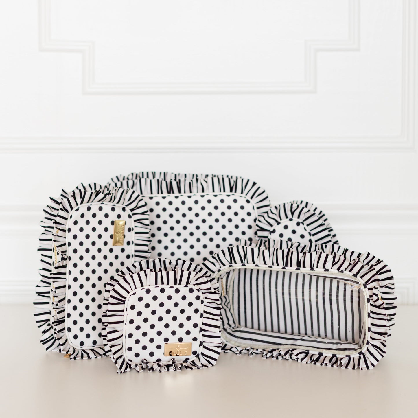 Black Polka Stripe Ruffled Nylon Medium Pouch
