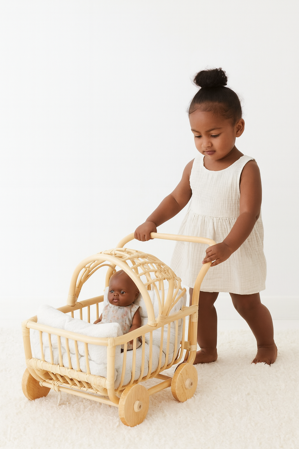 Rattan Doll Stroller – Handmade Boho Doll Pram for Imaginative Play