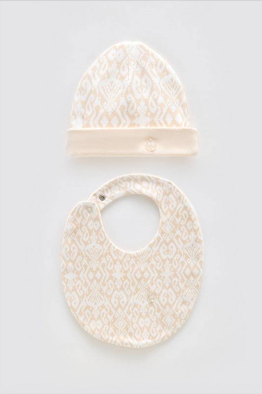 Newborn Bib & Hat Set - Ikat / Beige